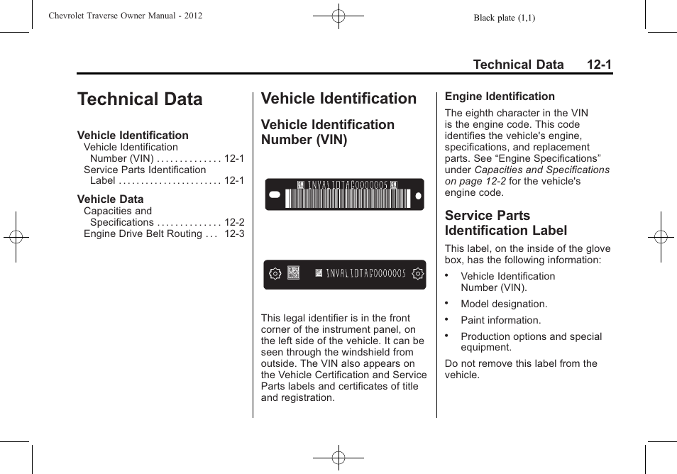 Technical data, Vehicle identification, Vehicle identification number (vin) | Service parts identification label, Technical data 12-1 | CHEVROLET 2012 Traverse User Manual | Page 407 / 450