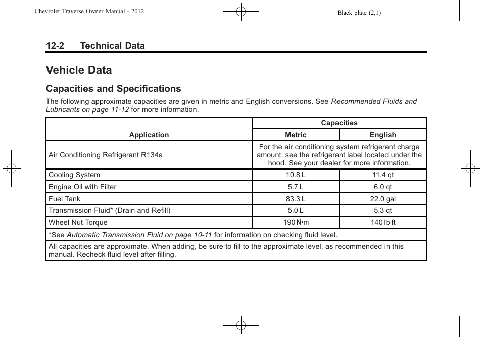 Vehicle data, Capacities and specifications, Vehicle data -2 | Capacities and, Specifications -2, 2 technical data | CHEVROLET 2012 Traverse User Manual | Page 408 / 450