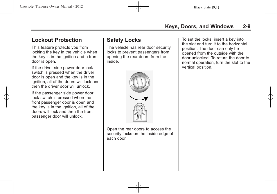 Lockout protection, Safety locks, Lockout protection -9 safety locks -9 | CHEVROLET 2012 Traverse User Manual | Page 41 / 450