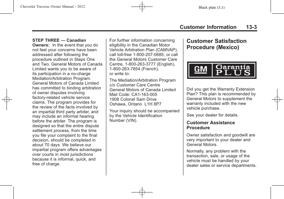 Customer satisfaction procedure (mexico), Customer satisfaction, Procedure (mexico) -3 | CHEVROLET 2012 Traverse User Manual | Page 413 / 450