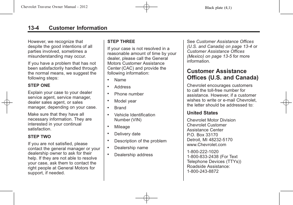 Customer assistance offices (u.s. and canada), Customer assistance offices, U.s. and canada) -4 | 4 customer information | CHEVROLET 2012 Traverse User Manual | Page 414 / 450