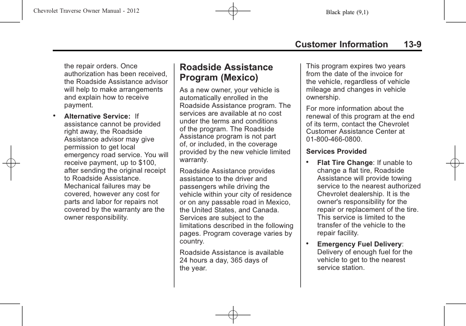 Roadside assistance program (mexico), Roadside assistance program, Mexico) -9 | Customer information 13-9 | CHEVROLET 2012 Traverse User Manual | Page 419 / 450