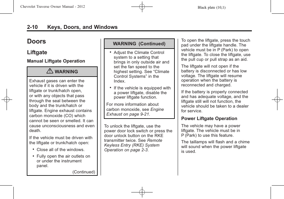 Doors, Liftgate, Doors -10 | Additional, Liftgate -10, Manual, 10 keys, doors, and windows | CHEVROLET 2012 Traverse User Manual | Page 42 / 450