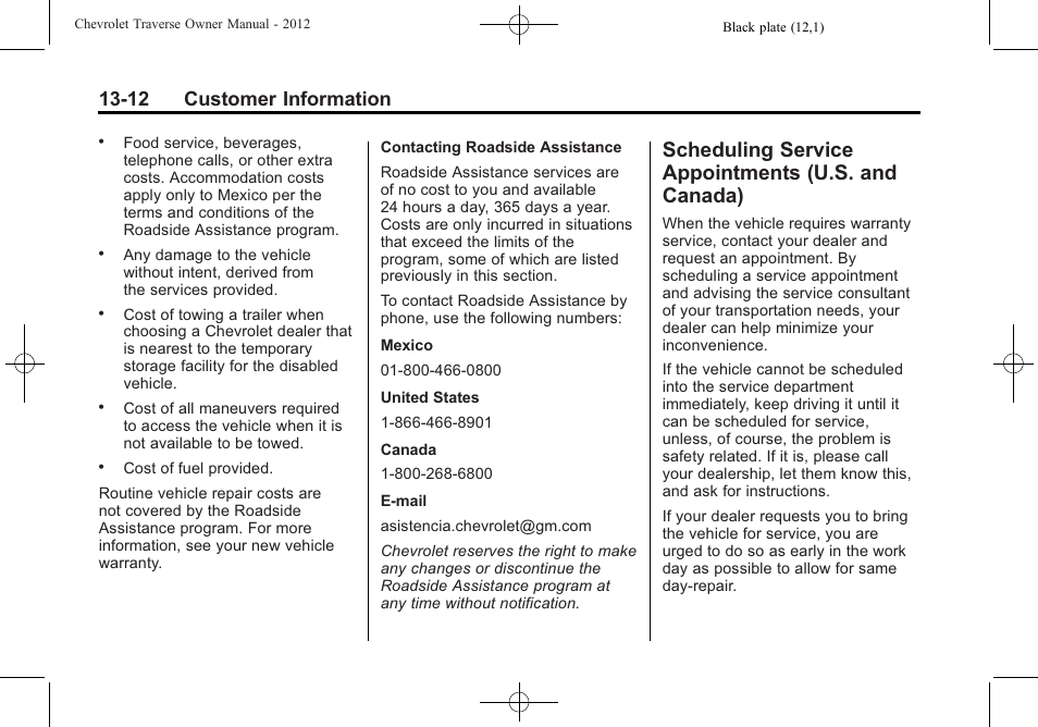 Scheduling service appointments (u.s. and canada), Scheduling service, Appointments (u.s. and canada) -12 | 12 customer information | CHEVROLET 2012 Traverse User Manual | Page 422 / 450