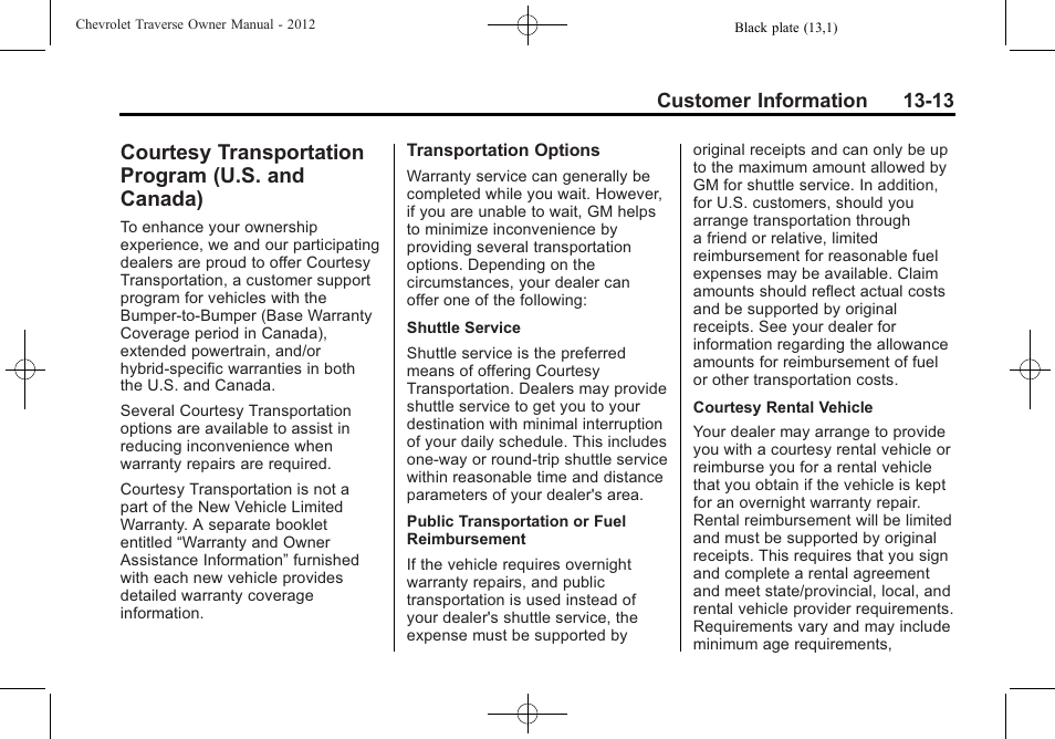 Courtesy transportation program (u.s. and canada), Courtesy transportation, Program (u.s. and canada) -13 | CHEVROLET 2012 Traverse User Manual | Page 423 / 450