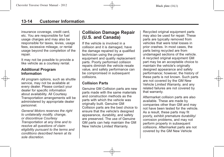 Collision damage repair (u.s. and canada), Collision damage repair, U.s. and canada) -14 | Procedure | CHEVROLET 2012 Traverse User Manual | Page 424 / 450