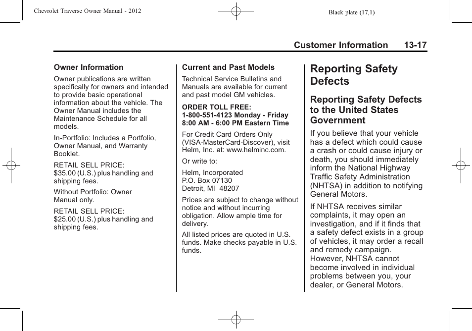 Reporting safety defects, Reporting safety defects -17, Reporting safety defects to | The united states government -17 | CHEVROLET 2012 Traverse User Manual | Page 427 / 450