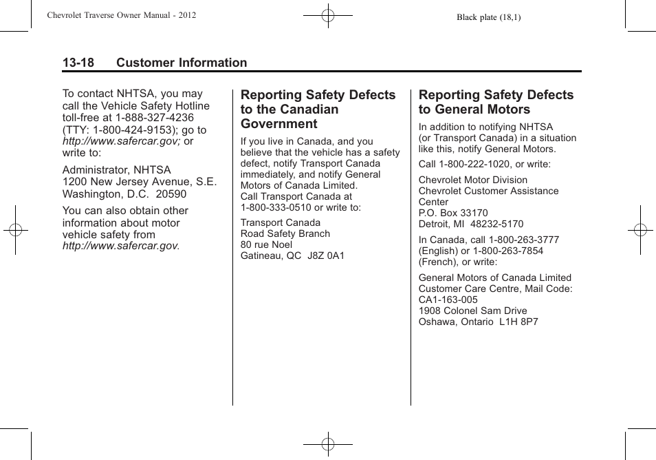 Reporting safety defects to general motors, Reporting safety defects to, Canadian government -18 | Defects to, General motors -18 | CHEVROLET 2012 Traverse User Manual | Page 428 / 450