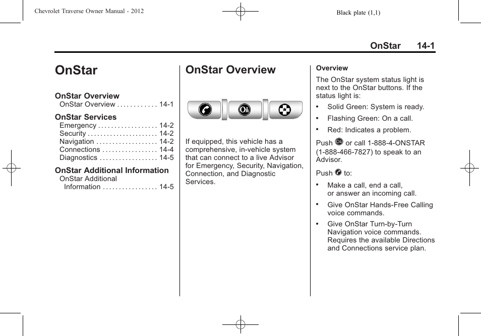 Onstar, Onstar overview, Onstar overview -1 | Onstar 14-1 | CHEVROLET 2012 Traverse User Manual | Page 431 / 450