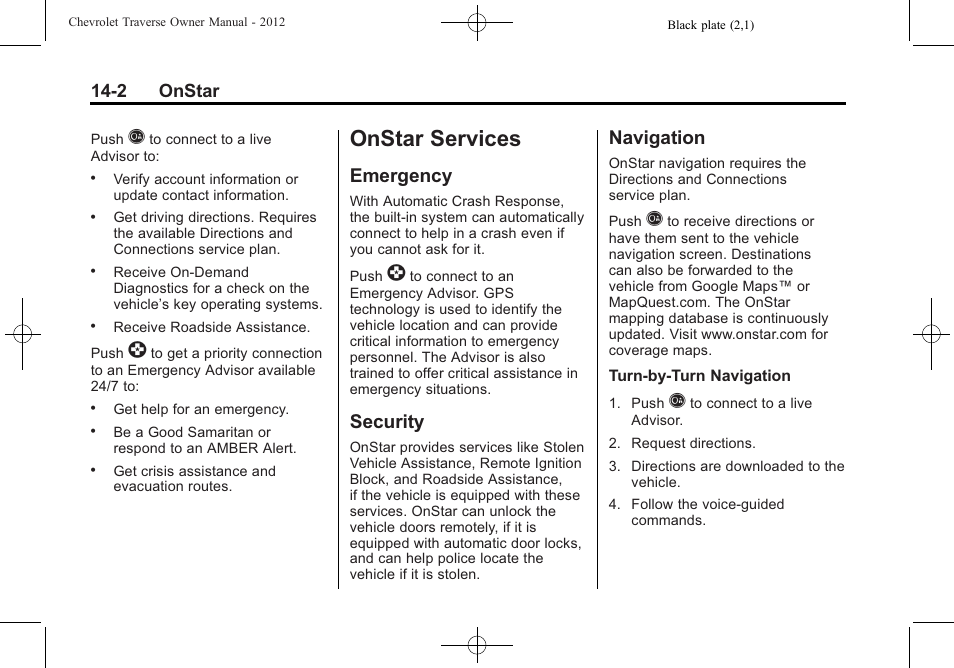 Onstar services, Emergency, Security | Navigation, Services -2, Emergency -2 security -2 navigation -2, If equipped, 2 onstar | CHEVROLET 2012 Traverse User Manual | Page 432 / 450