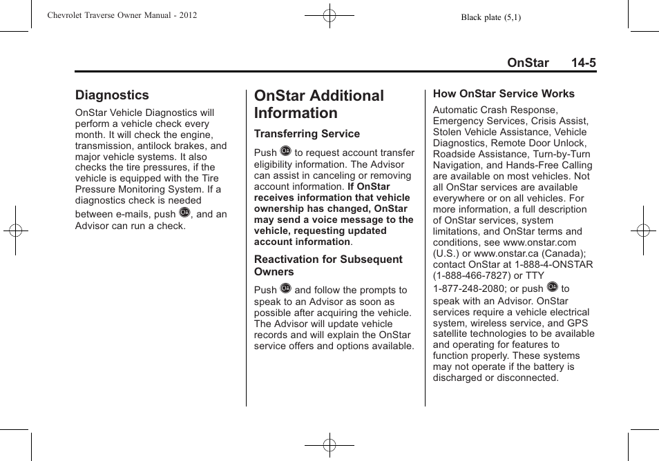 Diagnostics, Onstar additional information, Onstar additional | Information -5, Diagnostics -5 | CHEVROLET 2012 Traverse User Manual | Page 435 / 450