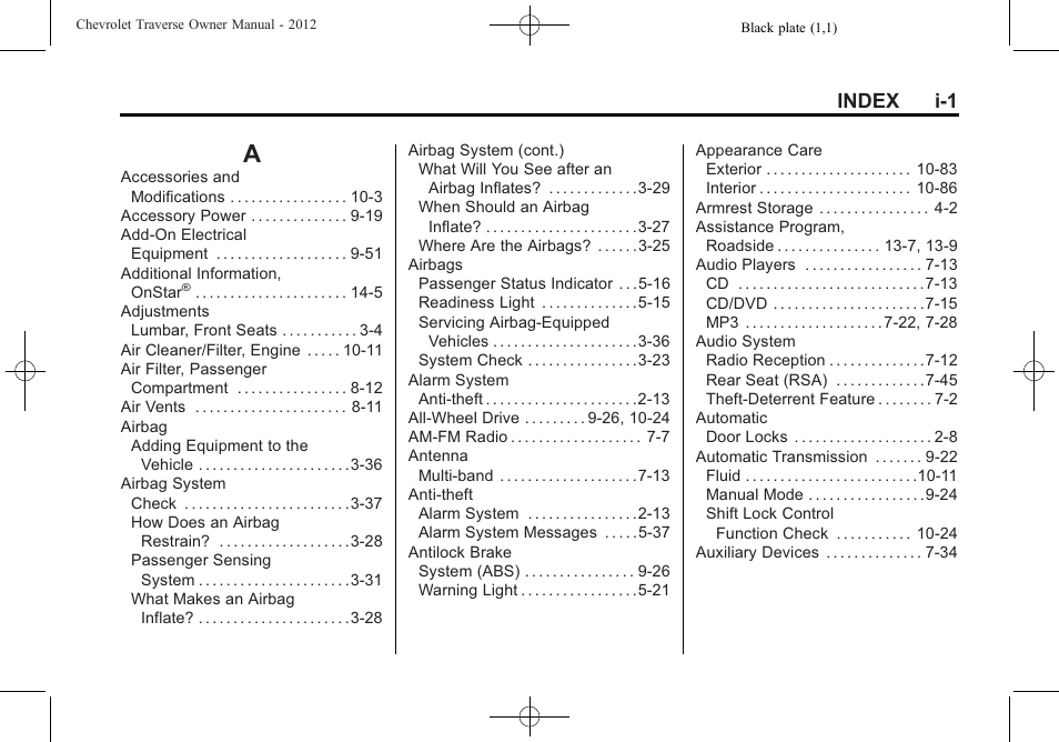 Index, Index_a, Index i-1 | CHEVROLET 2012 Traverse User Manual | Page 439 / 450