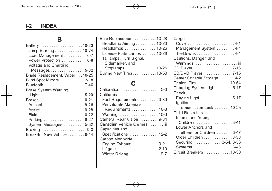 Index_b, Index_c, I-2 index | CHEVROLET 2012 Traverse User Manual | Page 440 / 450