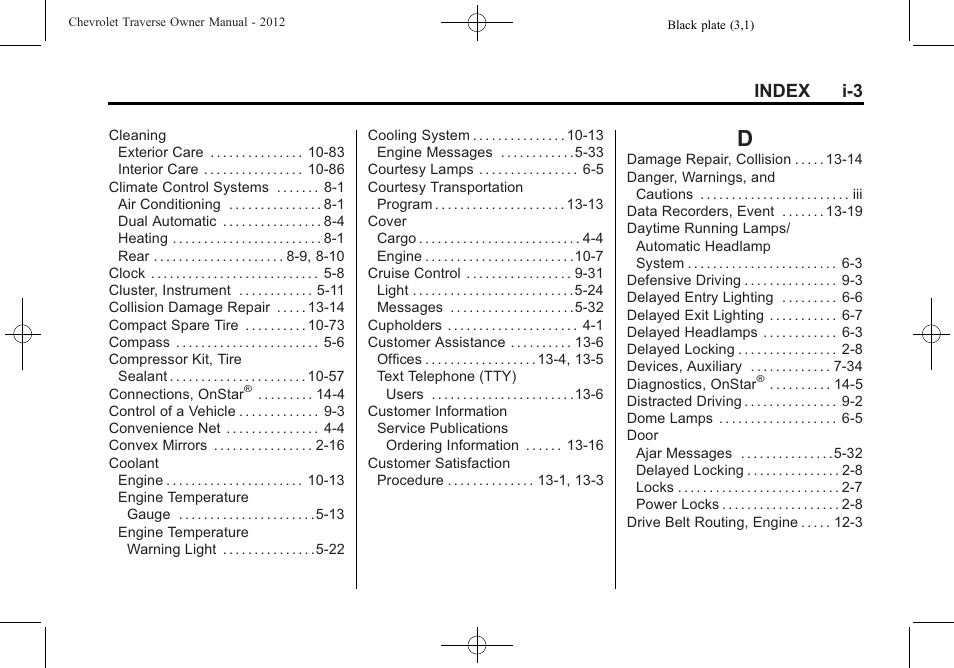 Index_d, Index i-3 | CHEVROLET 2012 Traverse User Manual | Page 441 / 450