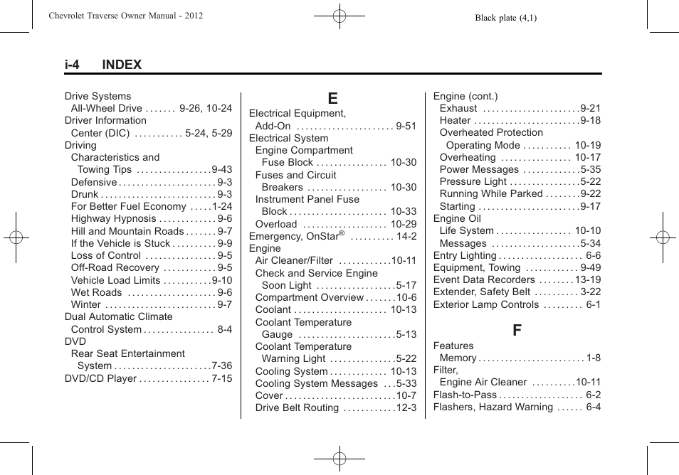 Index_e, Index_f, I-4 index | CHEVROLET 2012 Traverse User Manual | Page 442 / 450