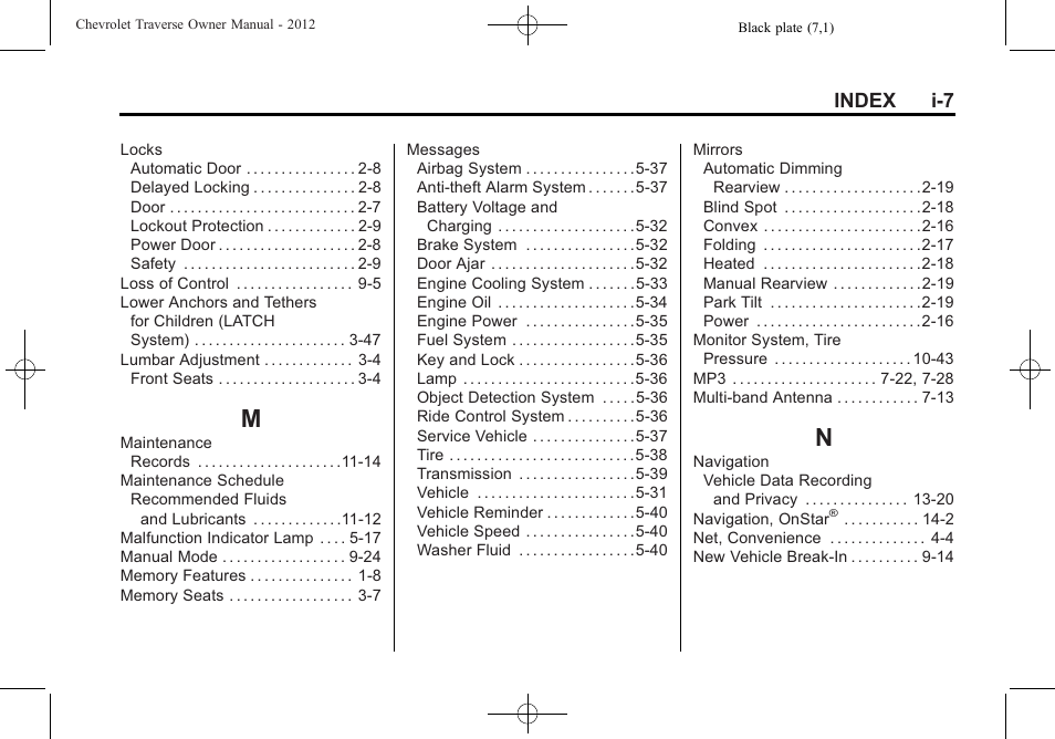 Index_m, Index_n, Index i-7 | CHEVROLET 2012 Traverse User Manual | Page 445 / 450