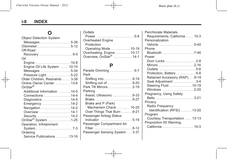 Index_o, Index_p, I-8 index | CHEVROLET 2012 Traverse User Manual | Page 446 / 450