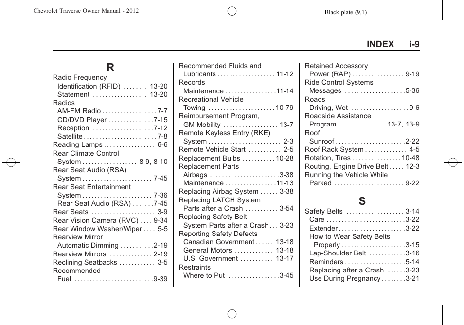 Index_r, Index_s, Index i-9 | CHEVROLET 2012 Traverse User Manual | Page 447 / 450