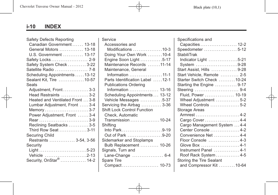 I-10 index | CHEVROLET 2012 Traverse User Manual | Page 448 / 450