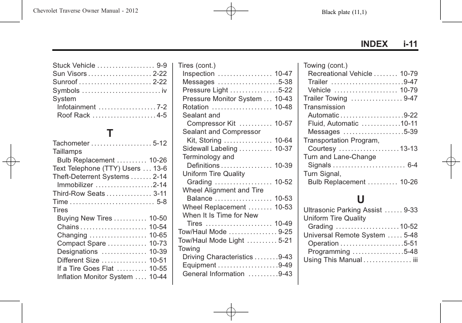 Index_t, Index_u, Index i-11 | CHEVROLET 2012 Traverse User Manual | Page 449 / 450