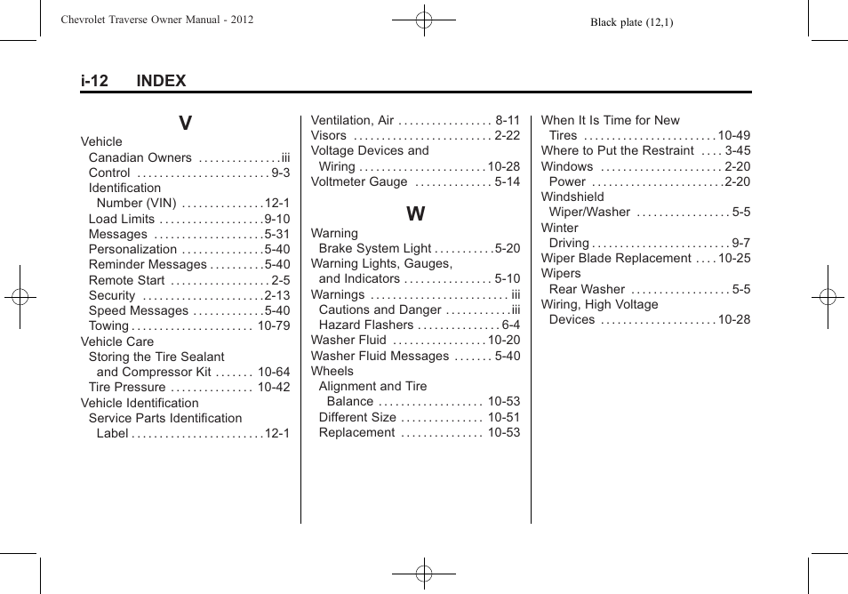 Index_v, Index_w, I-12 index | CHEVROLET 2012 Traverse User Manual | Page 450 / 450