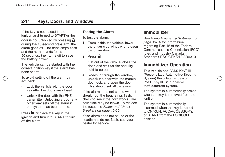 Immobilizer, Immobilizer operation, Immobilizer -14 immobilizer operation -14 | 14 keys, doors, and windows | CHEVROLET 2012 Traverse User Manual | Page 46 / 450