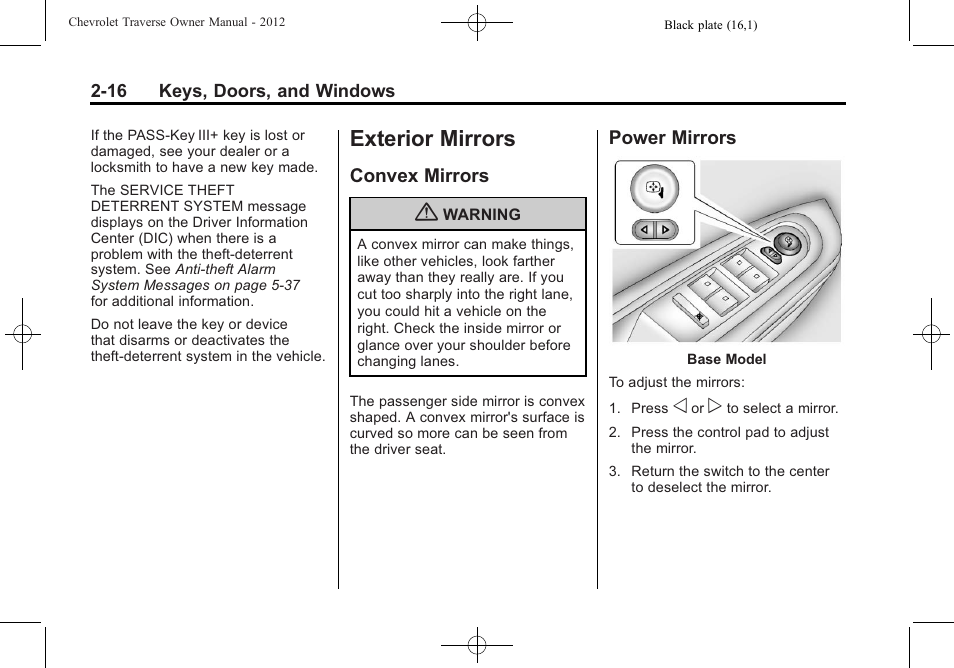 Exterior mirrors, Convex mirrors, Power mirrors | Exterior mirrors -16, Convex mirrors -16, Mirrors -16 | CHEVROLET 2012 Traverse User Manual | Page 48 / 450
