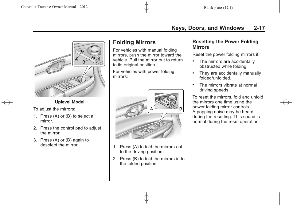 Folding mirrors, Mirrors -17, Keys, doors, and windows 2-17 | CHEVROLET 2012 Traverse User Manual | Page 49 / 450