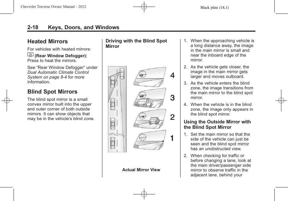 Heated mirrors, Blind spot mirrors, Heated mirrors -18 blind spot mirrors -18 | CHEVROLET 2012 Traverse User Manual | Page 50 / 450