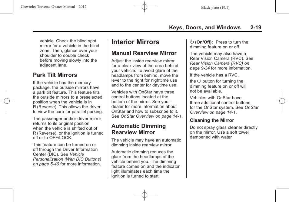 Park tilt mirrors, Interior mirrors, Manual rearview mirror | Automatic dimming rearview mirror, Interior mirrors -19, Park tilt mirrors -19, Rearview mirror -19 automatic dimming rearview, Mirror -19 | CHEVROLET 2012 Traverse User Manual | Page 51 / 450