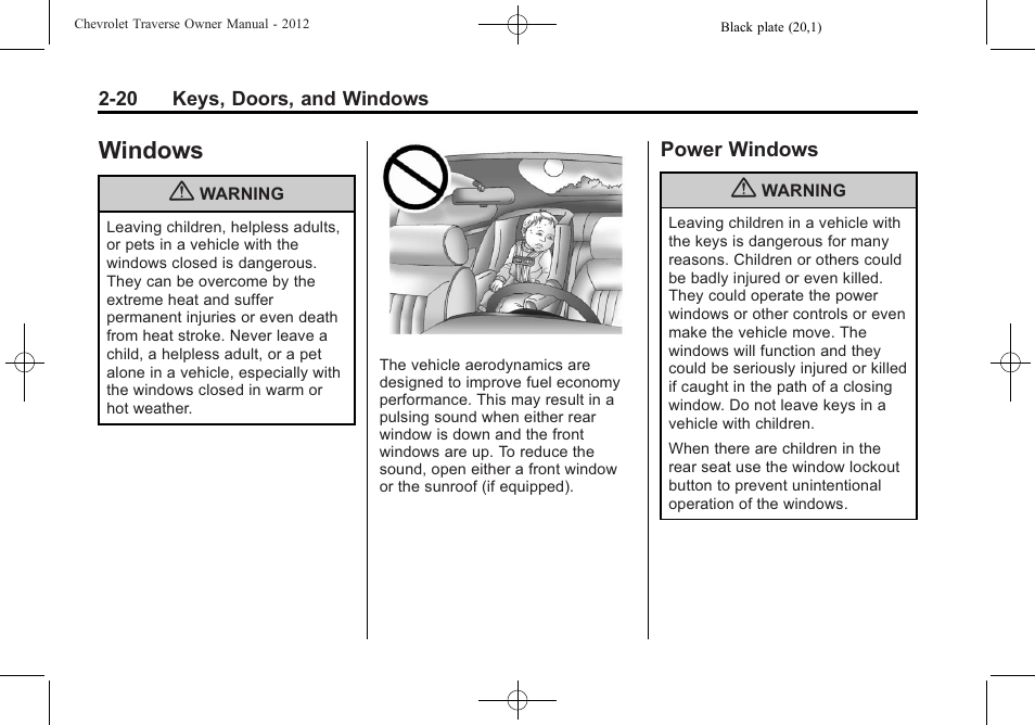 Windows, Power windows, Windows -20 | Windows -20 power windows -20 | CHEVROLET 2012 Traverse User Manual | Page 52 / 450