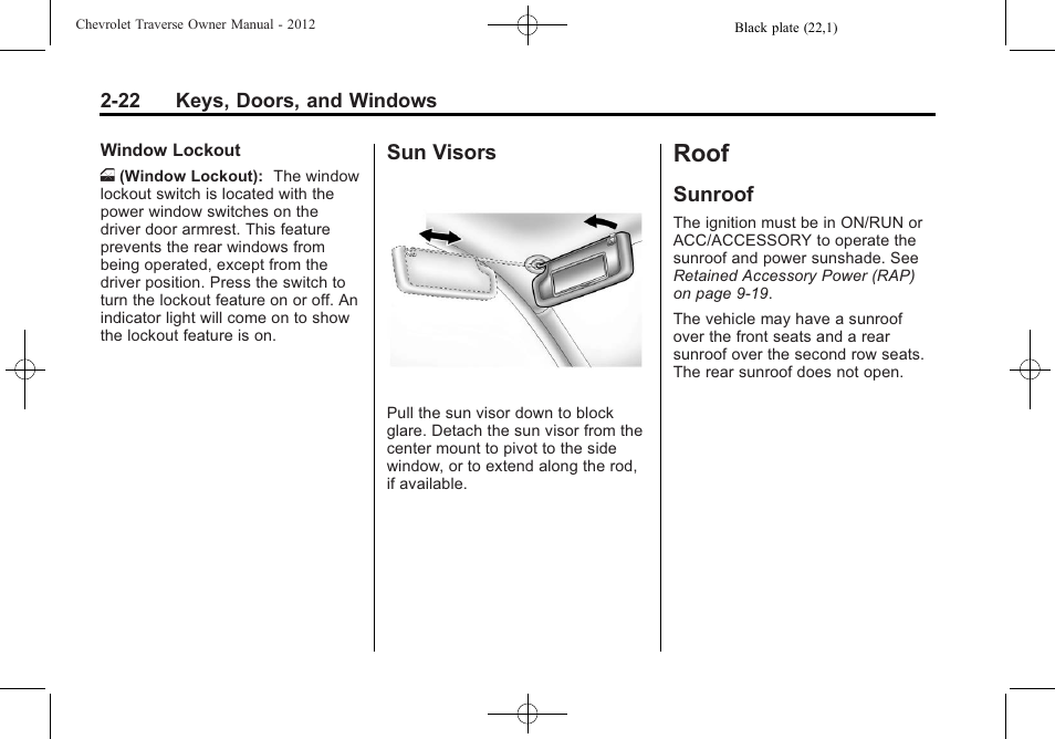 Sun visors, Roof, Sunroof | Roof -22, Sun visors -22, Sunroof -22 | CHEVROLET 2012 Traverse User Manual | Page 54 / 450