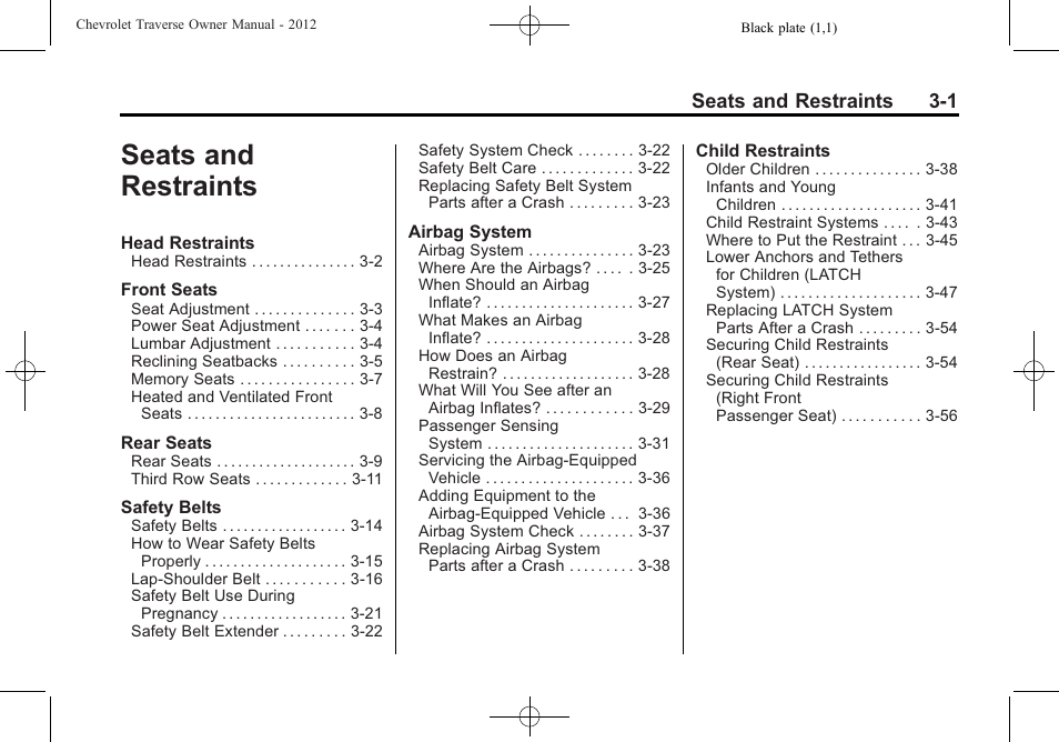 Seats and restraints, Seats and restraints -1, Seats and restraints 3-1 | CHEVROLET 2012 Traverse User Manual | Page 57 / 450