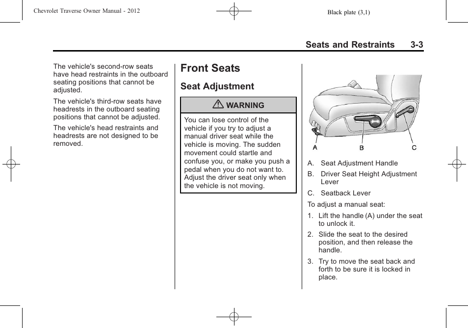 Front seats, Seat adjustment, Seat adjustment -3 | CHEVROLET 2012 Traverse User Manual | Page 59 / 450