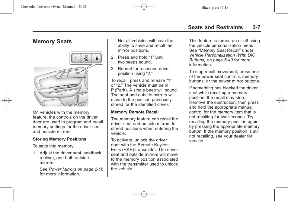 Memory seats, Memory seats -7, Seats and restraints 3-7 | CHEVROLET 2012 Traverse User Manual | Page 63 / 450