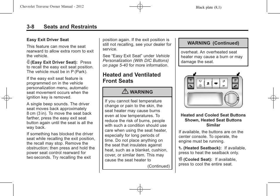 Heated and ventilated front seats, Heated and ventilated front, Seats -8 | CHEVROLET 2012 Traverse User Manual | Page 64 / 450