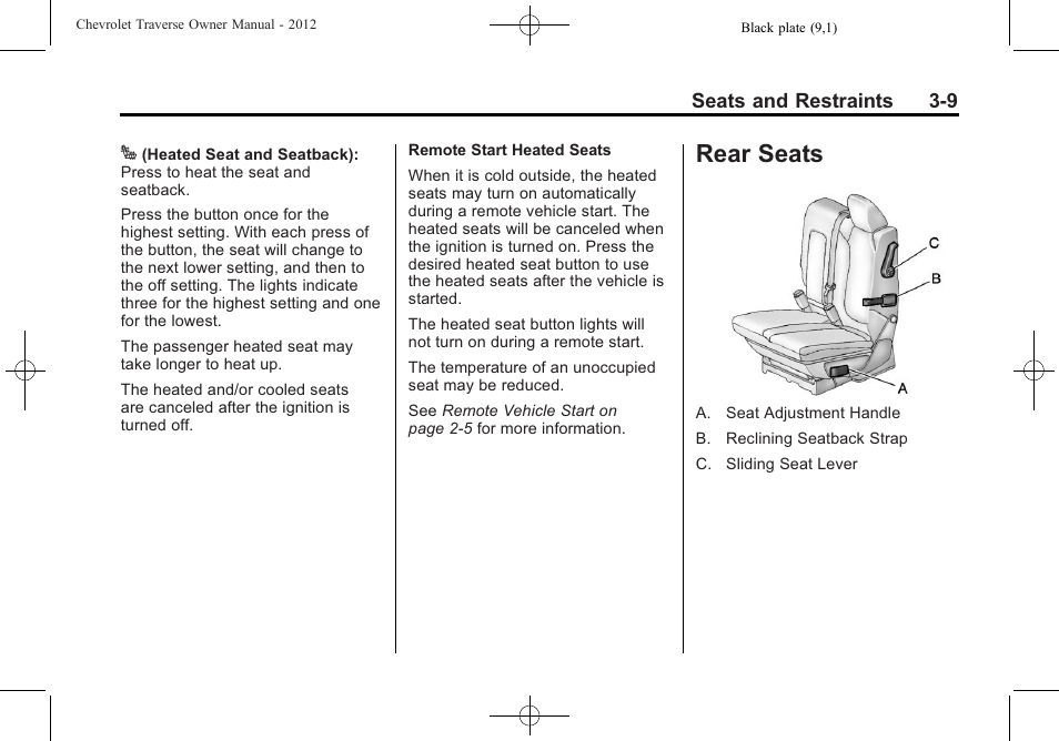 Rear seats, Lighting features, Rear seats -9 | Servicing | CHEVROLET 2012 Traverse User Manual | Page 65 / 450
