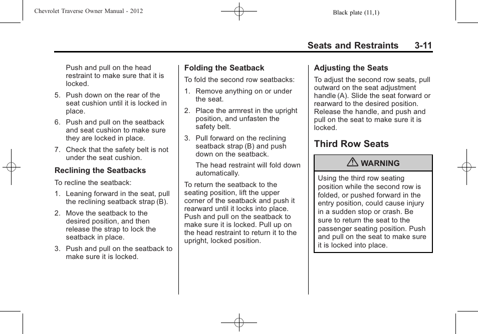 Third row seats, Third row seats -11, Vehicle | CHEVROLET 2012 Traverse User Manual | Page 67 / 450