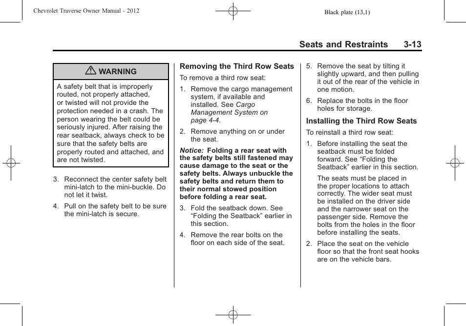 Seats and restraints 3-13 | CHEVROLET 2012 Traverse User Manual | Page 69 / 450