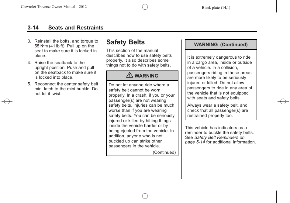 Safety belts, Safety belts -14, Airbag | CHEVROLET 2012 Traverse User Manual | Page 70 / 450