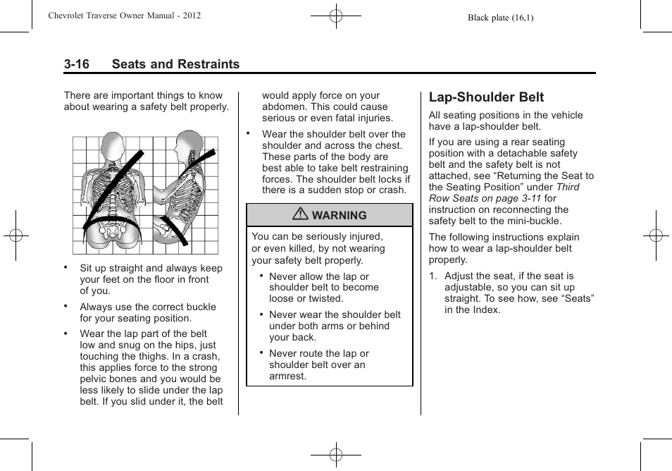 Lap-shoulder belt, Lap-shoulder belt -16, 16 seats and restraints | CHEVROLET 2012 Traverse User Manual | Page 72 / 450