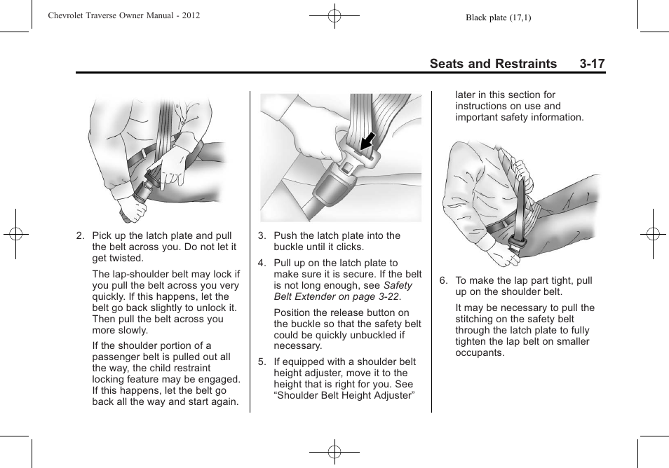 Seats and restraints 3-17 | CHEVROLET 2012 Traverse User Manual | Page 73 / 450