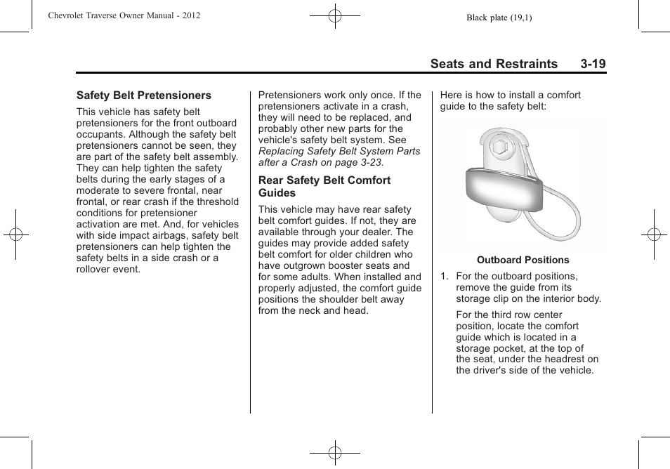 Seats and restraints 3-19 | CHEVROLET 2012 Traverse User Manual | Page 75 / 450