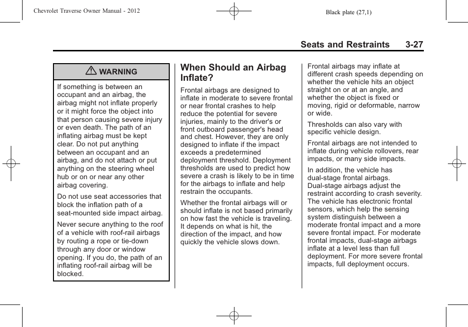 When should an airbag inflate, When should an airbag, Inflate? -27 | CHEVROLET 2012 Traverse User Manual | Page 83 / 450