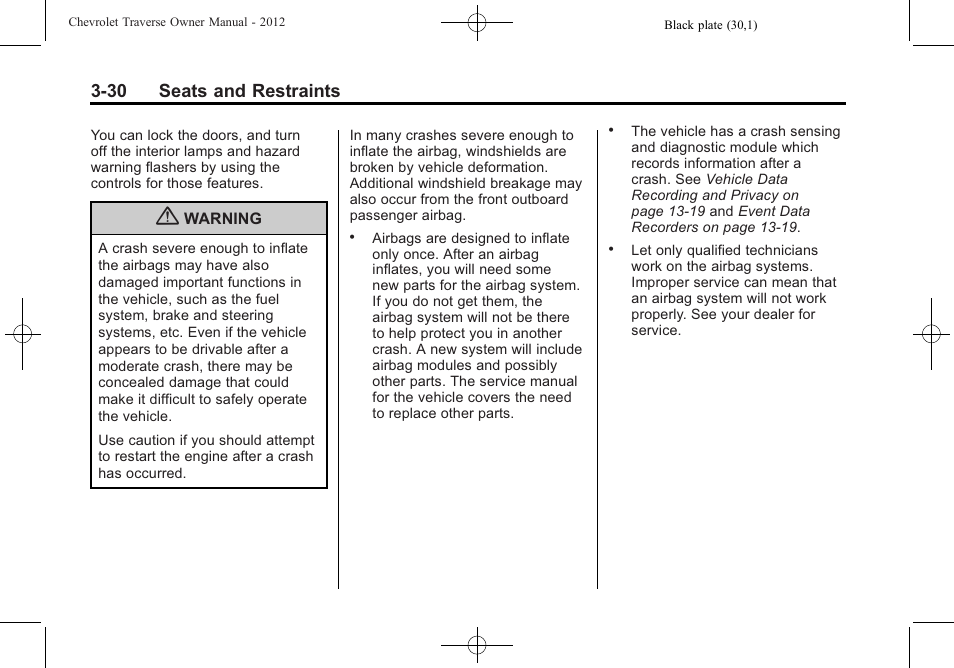 30 seats and restraints | CHEVROLET 2012 Traverse User Manual | Page 86 / 450