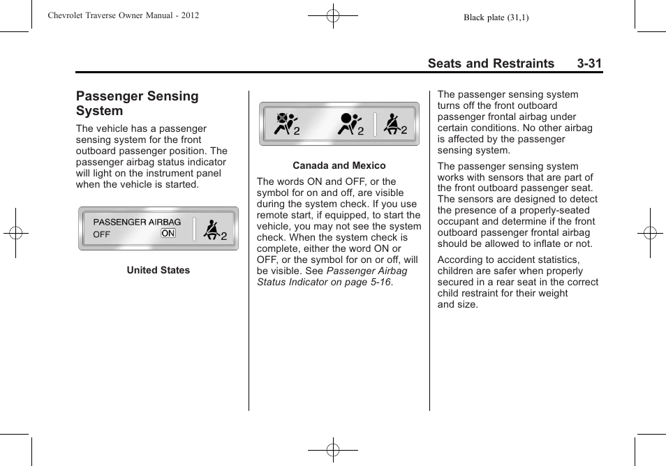 Passenger sensing system, Passenger sensing, System -31 | CHEVROLET 2012 Traverse User Manual | Page 87 / 450