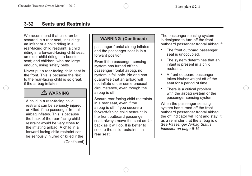 32 seats and restraints | CHEVROLET 2012 Traverse User Manual | Page 88 / 450