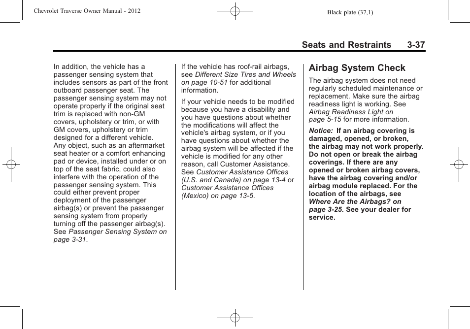 Airbag system check, System check -37 | CHEVROLET 2012 Traverse User Manual | Page 93 / 450