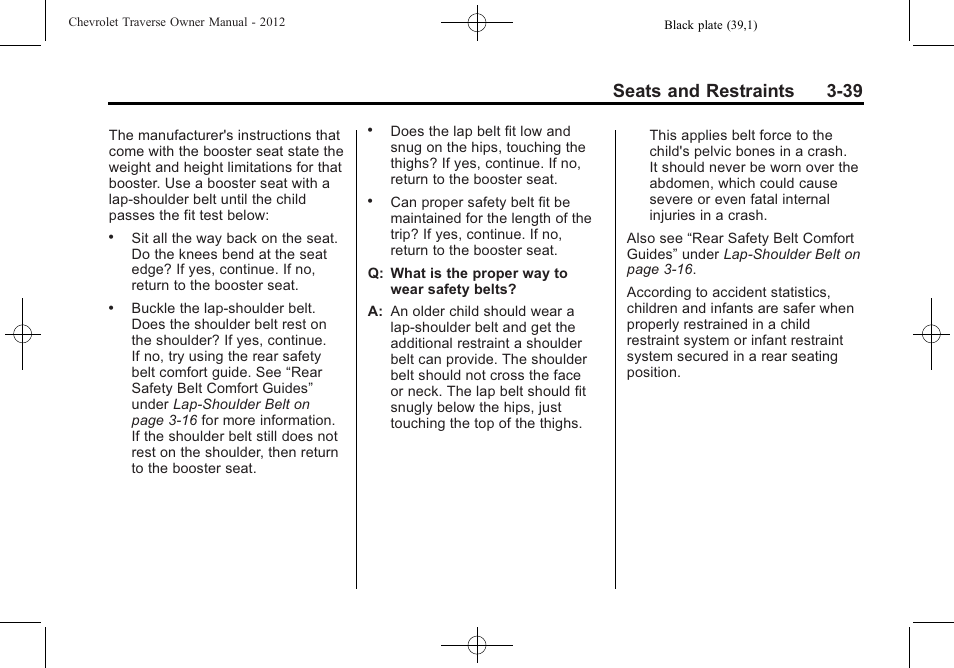 Seats and restraints 3-39 | CHEVROLET 2012 Traverse User Manual | Page 95 / 450