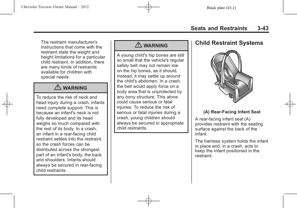 Child restraint systems, Child restraint systems -43 | CHEVROLET 2012 Traverse User Manual | Page 99 / 450